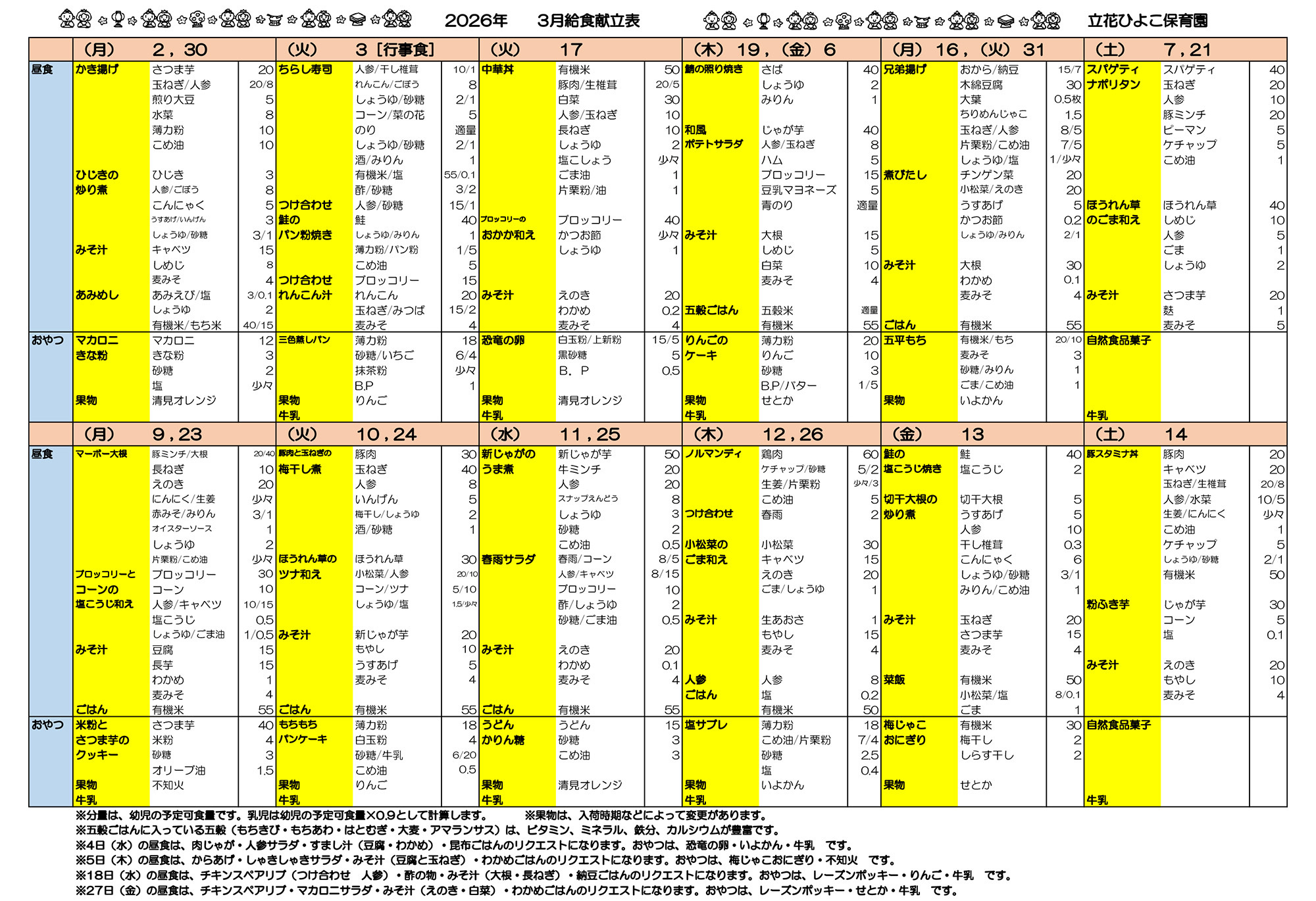立花ひよこ保育園献立表