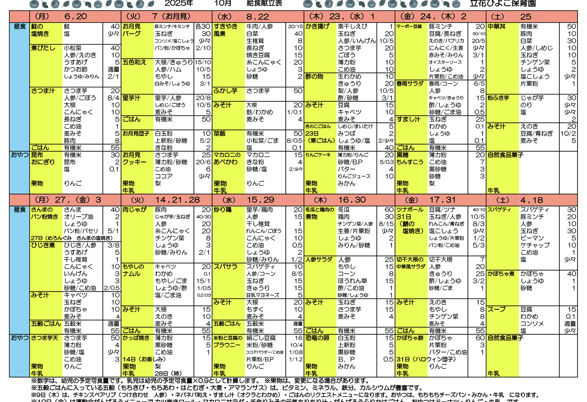 立花ひよこ保育園献立表